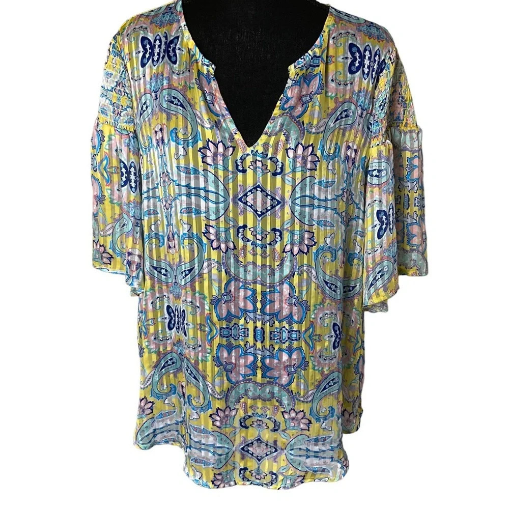 Belle Sky Yellow Blue Paisley Pleated V-Neck Short Sleeve Shirt Top Large L